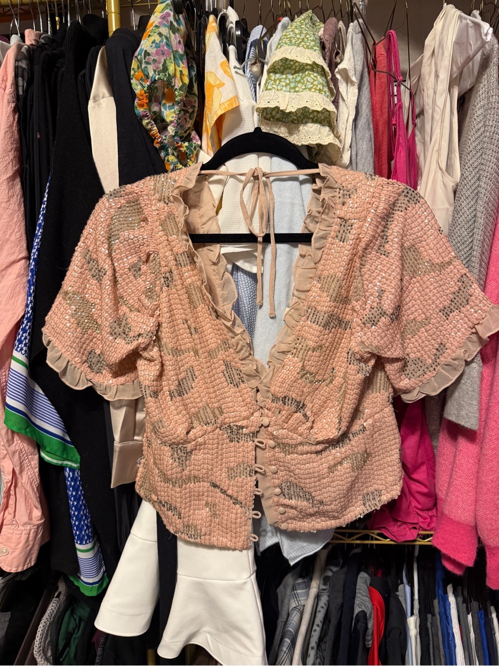 Anthropologie Blush Peach Textured Ruffle-Trim Buttoned Blouse